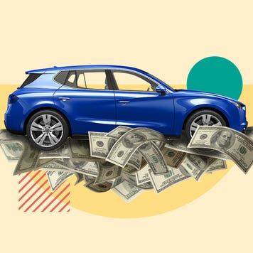 An illustrated image of a blue hatchback car on a pile of cash against a yellow background