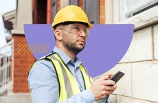 A home inspector wearing a safety vest, safety goggles, and a hard hat taking notes on a property they are about to evaluate. There are some shapes in the background and design elements to make the image pop.