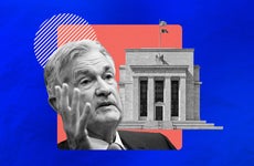 Jerome Powell looking serious juxtaposed against an illustrated blue background