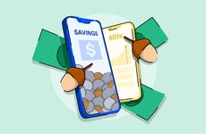 Illustration of two cell phones with Bankrate and Acorns on their screens