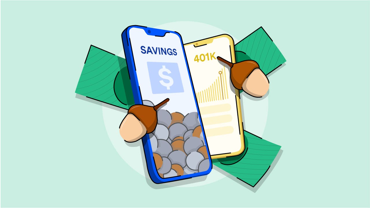 Illustration of two cell phones with Bankrate and Acorns on their screens