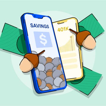 Illustration of two cell phones with Bankrate and Acorns on their screens