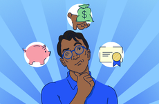 Illustration of man with three thought bubbles with a piggy bank, money, and certificate inside them