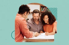 Mixed-race couple is discussing their finances with a professional. There is a graphic overlay with some solid colors and design elements to make the image pop.