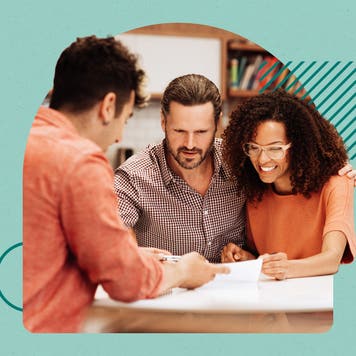 Mixed-race couple is discussing their finances with a professional. There is a graphic overlay with some solid colors and design elements to make the image pop.