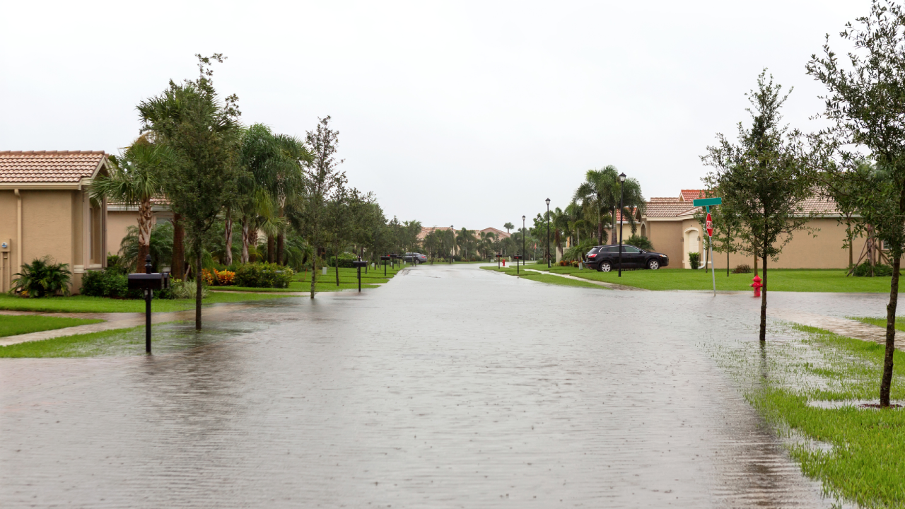 View of flooding from a hurricane or tropical storm with water filling the streets and cars in their driveways