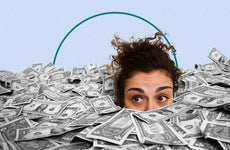 Comical image of a lady up to her eyes in a pile of cash