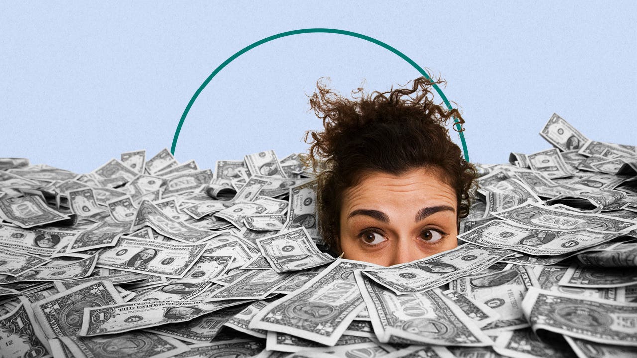 Comical image of a lady up to her eyes in a pile of cash