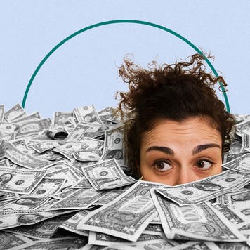 Comical image of a lady up to her eyes in a pile of cash