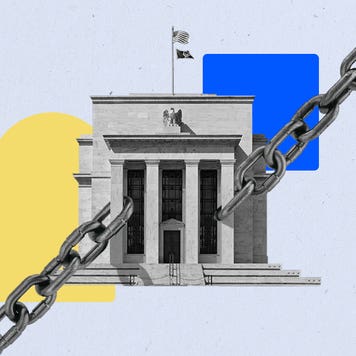 Artistic rendering of a Bank building attached to unrealistically large chains