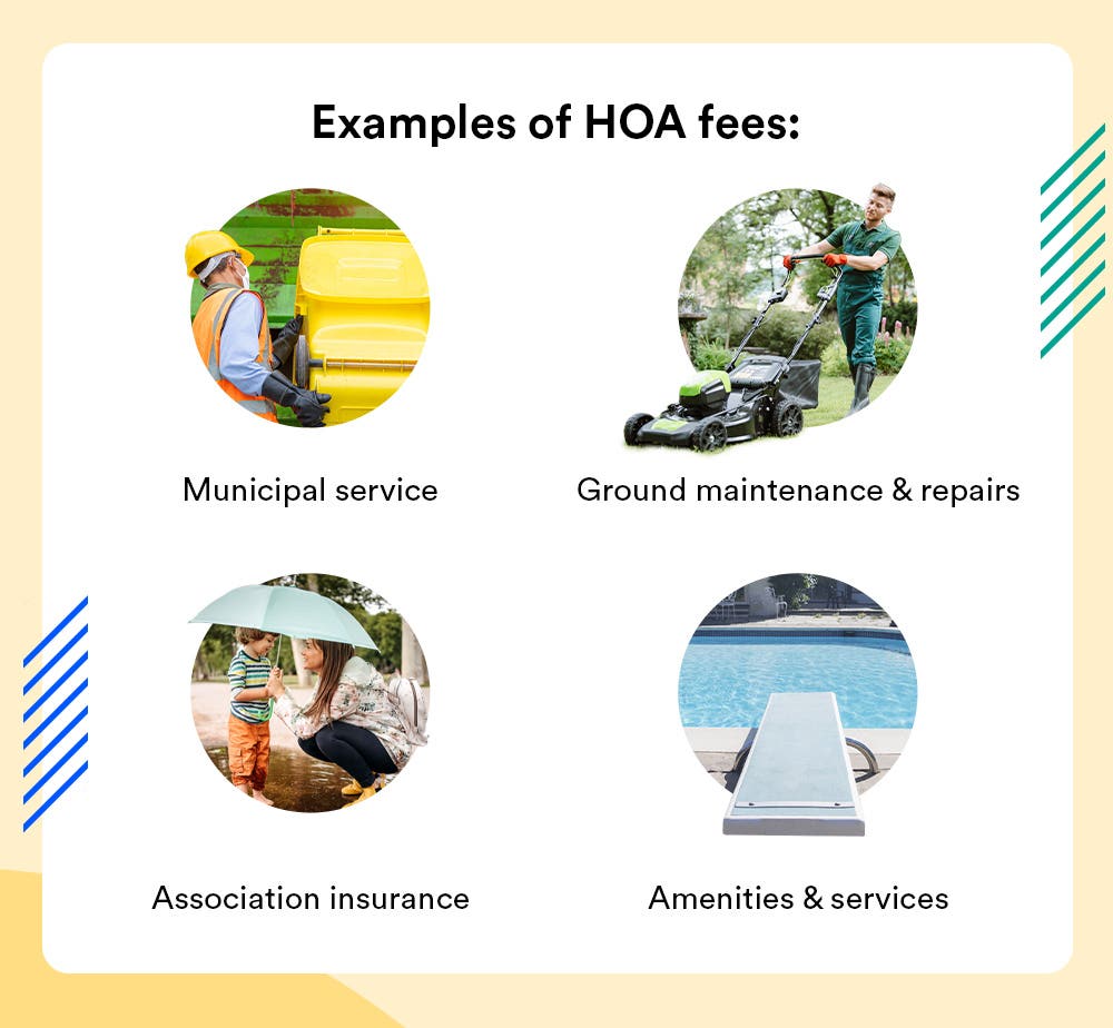 Examples of HOA fees: Municipal service, ground maintenance & repairs, association insurance, amenities & services