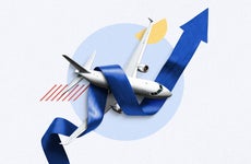 Artistic illustration of an airplane caught in the upward arrow of a financial graph