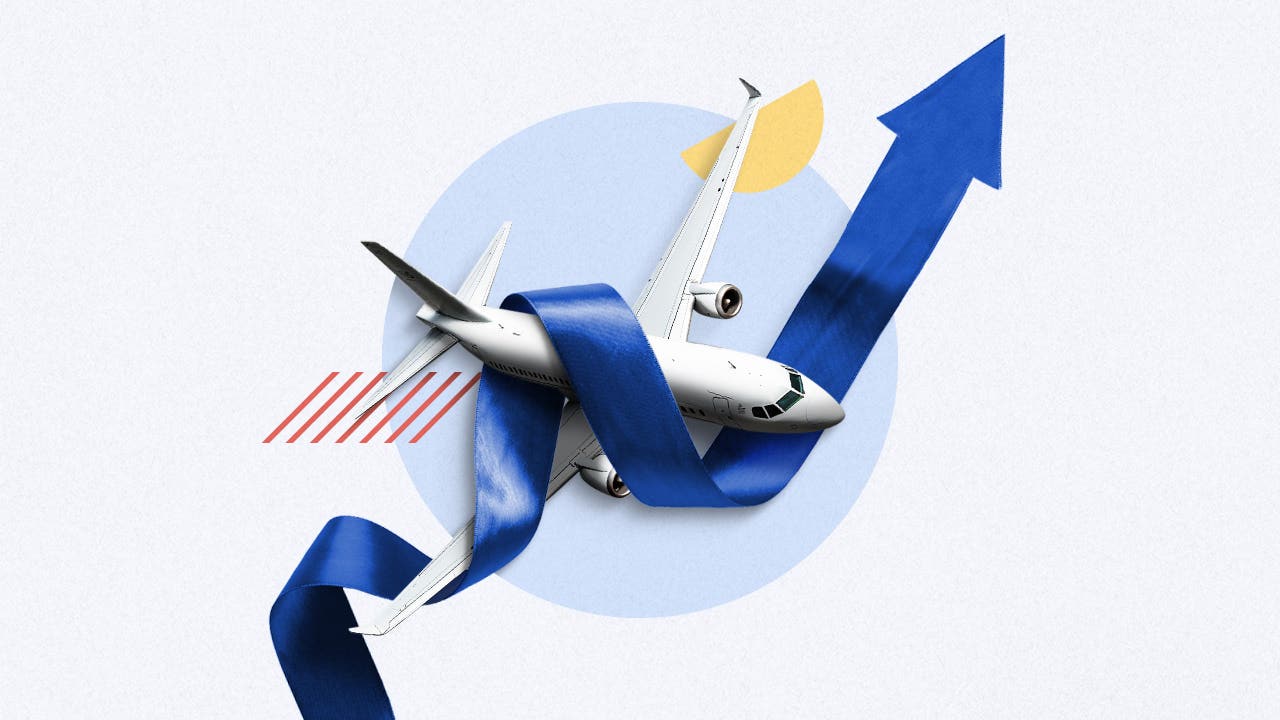 Artistic illustration of an airplane caught in the upward arrow of a financial graph