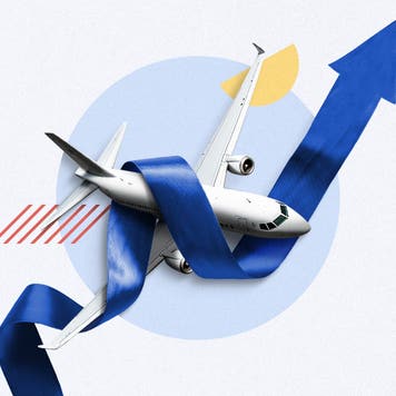 Artistic illustration of an airplane caught in the upward arrow of a financial graph