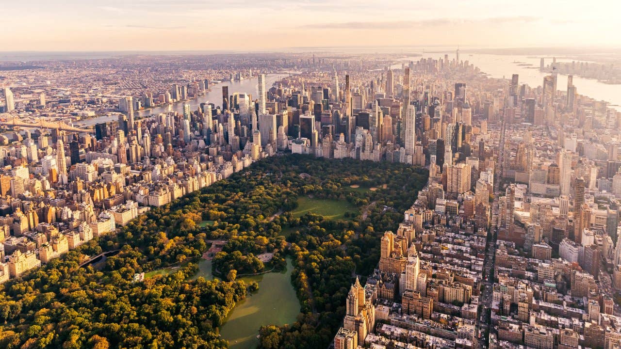 Aerial view of New York City skyline with Central Park and Manhattan, USA