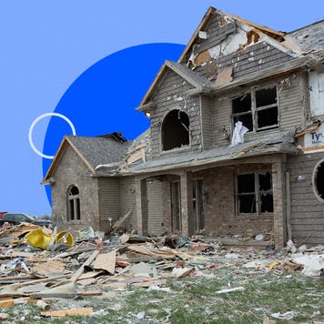 A house that is in a state of disrepair with graphical overlays.