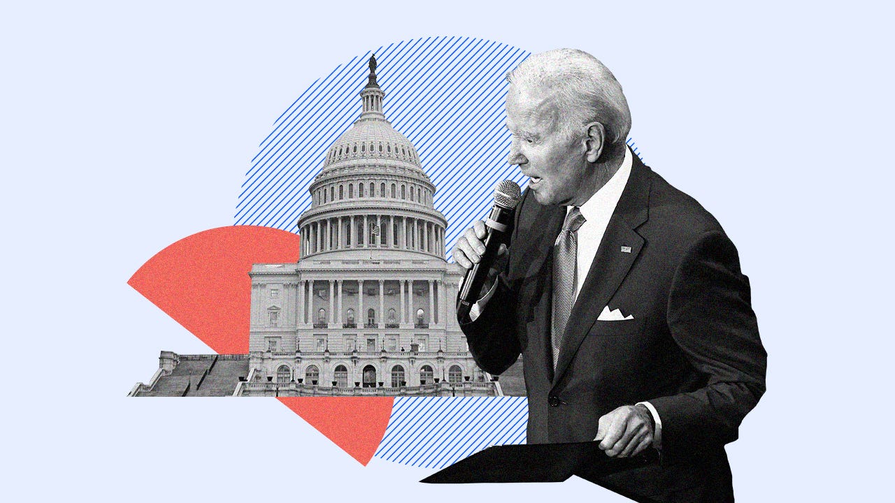 President Biden speaking on a microphone in front of an illustration of the White House
