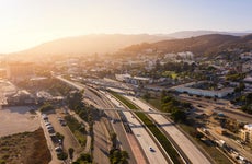 Aerial view of the 101 Freeway through downtown Ventura, California.