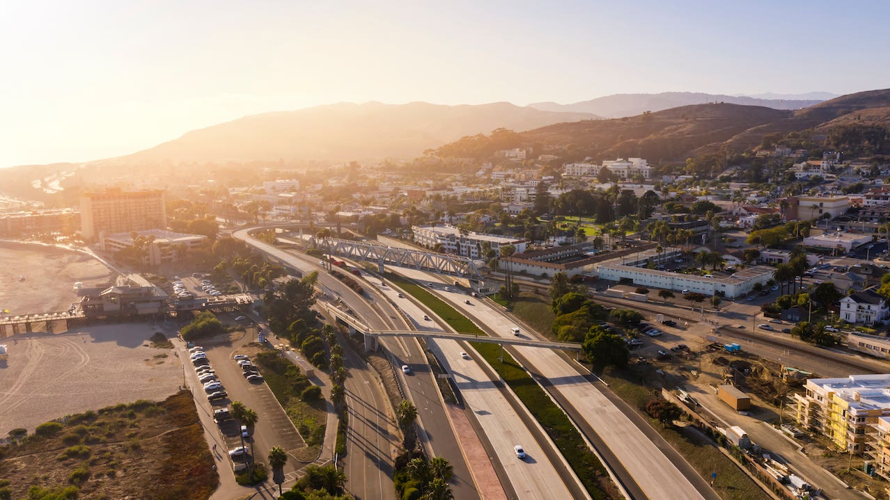 Aerial view of the 101 Freeway through downtown Ventura, California.