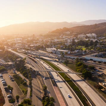 Aerial view of the 101 Freeway through downtown Ventura, California.