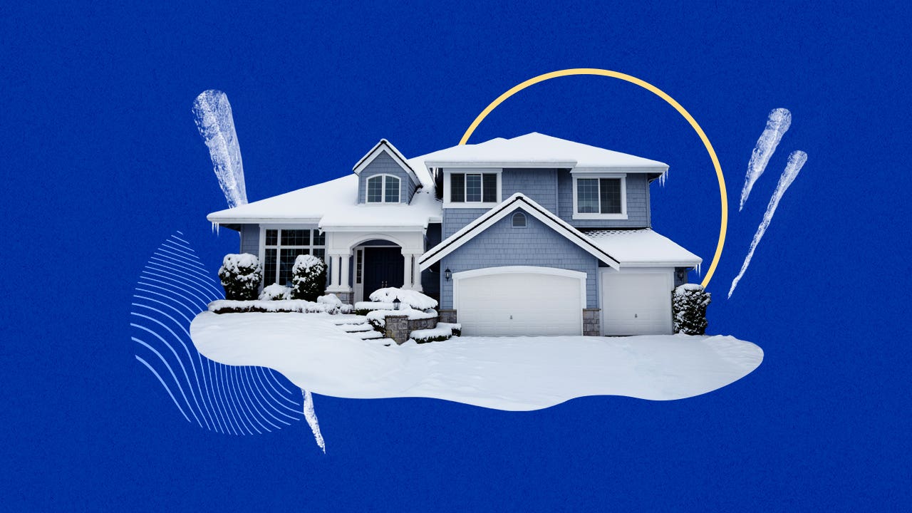 winter housing market predictions - home with snow, stylized photo illustration