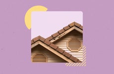 A close-up of a house near the roof where there is damage done by termites. There is a graphical overlay with solid colors.