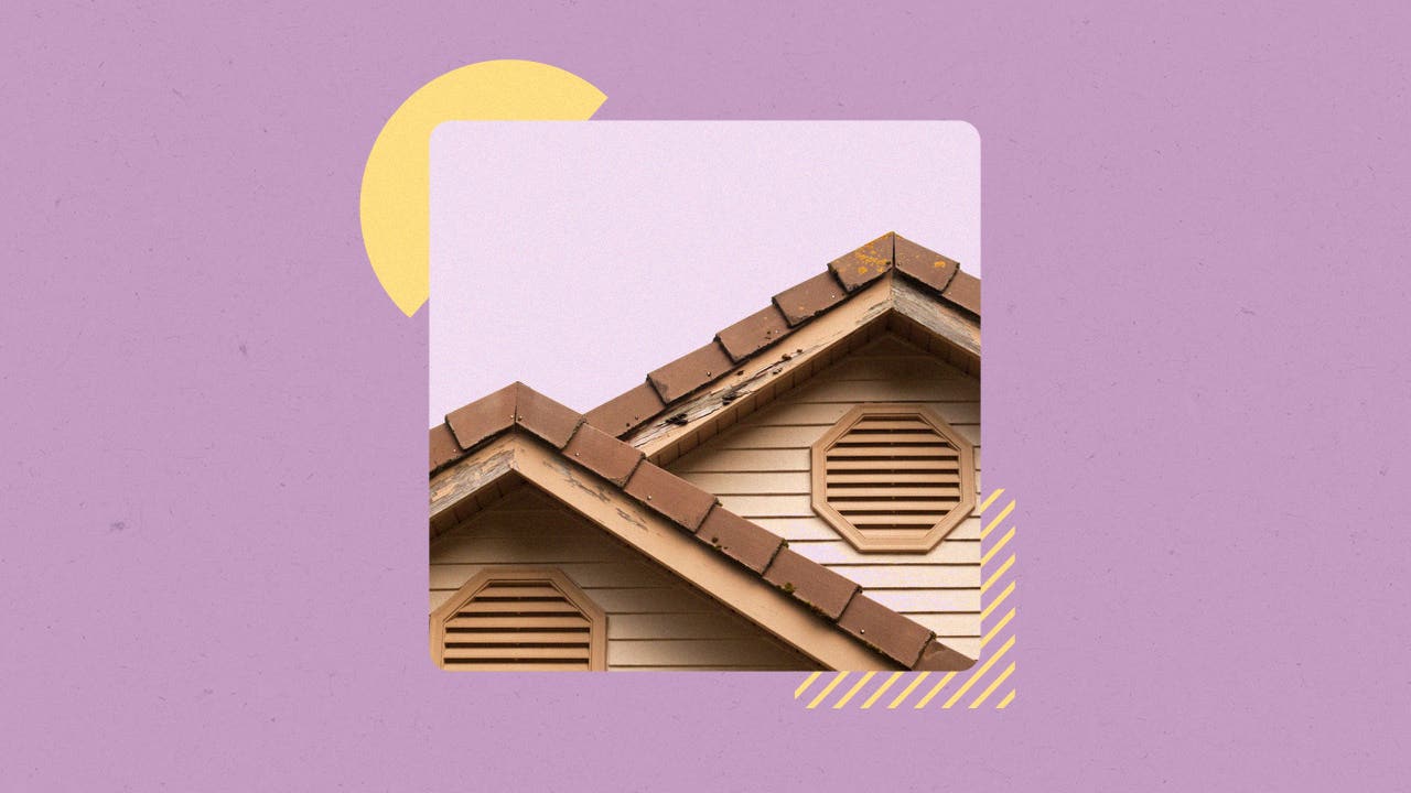 A close-up of a house near the roof where there is damage done by termites. There is a graphical overlay with solid colors.