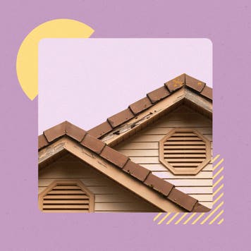 A close-up of a house near the roof where there is damage done by termites. There is a graphical overlay with solid colors.