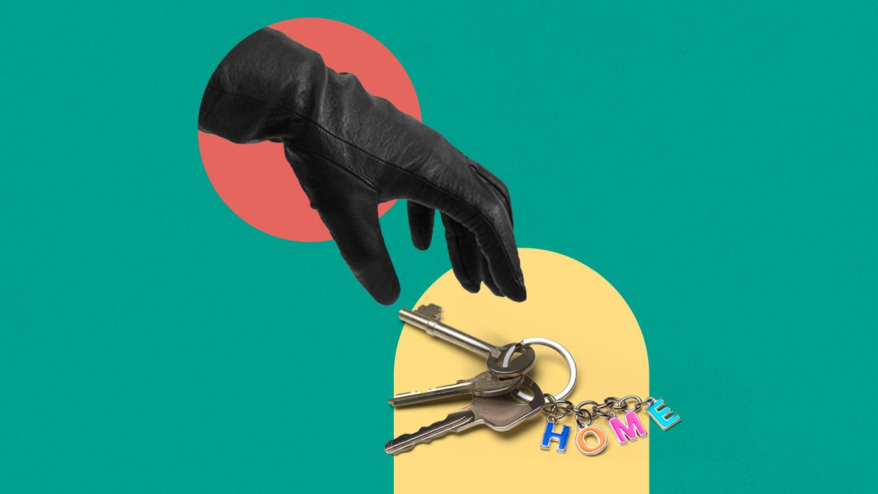 Graphical mash-up of a realistic photo of a gloved hand reaching down to pick up a set of house keys with overlays and shapes of solid colors.