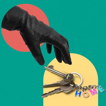 Graphical mash-up of a realistic photo of a gloved hand reaching down to pick up a set of house keys with overlays and shapes of solid colors.