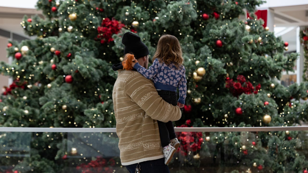 Man and daughter at a mall looking at a giant Christmas tree
