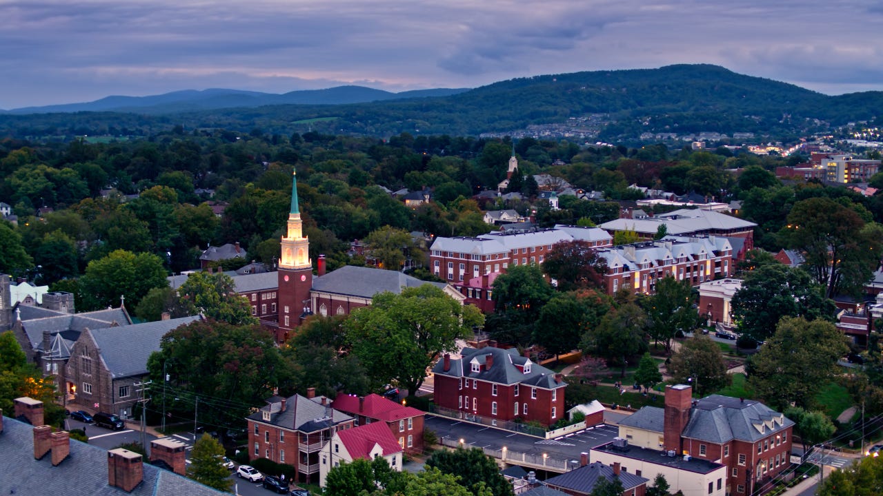 High Aerial Shot of Downtown Charlottesville, Virginia with Market Street Park