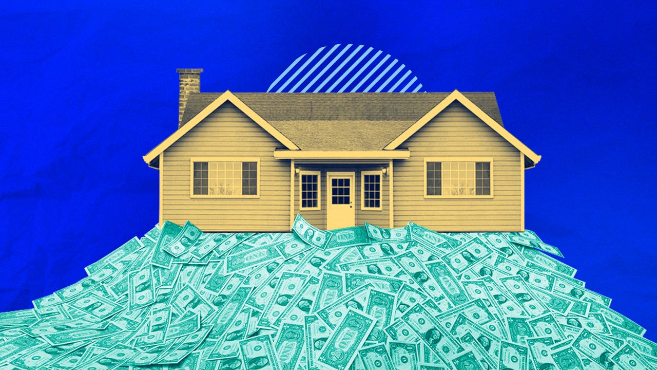 Unrealistic portrait of a house sitting on a large hill of cash