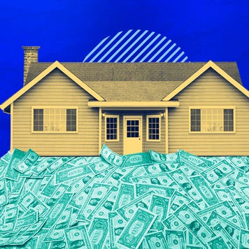 Unrealistic portrait of a house sitting on a large hill of cash