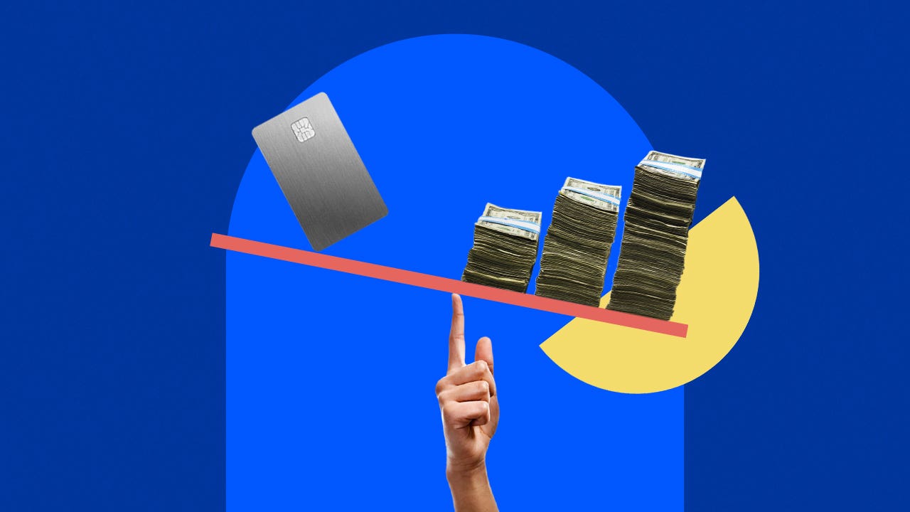 Custome design image of a scale held up by a finger with a credit card on one end and dollar bills on the other