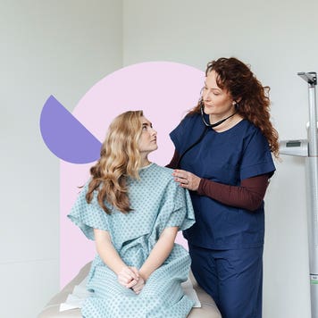 Illustration of a young female patient getting her heart checked by a nurse in a doctor's office