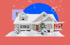 Design featuring a house covered in snow with a "For sale" sign