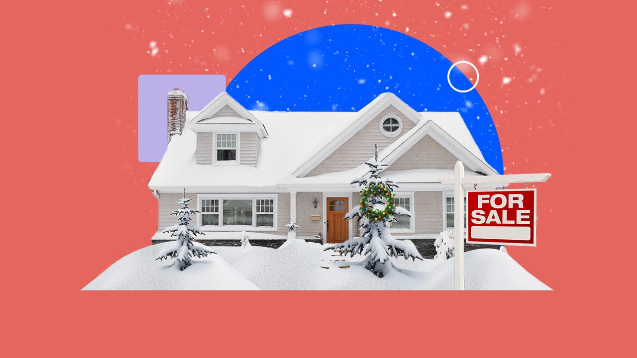 Design featuring a house covered in snow with a "For sale" sign