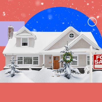 Design featuring a house covered in snow with a "For sale" sign