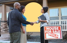 photo illustration of couple shaking hands with realtor in front of house with sold sign