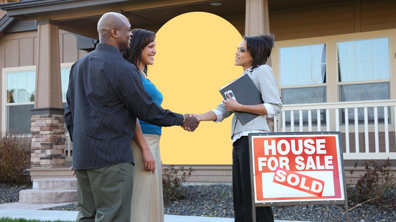 photo illustration of couple shaking hands with realtor in front of house with sold sign