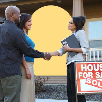 photo illustration of couple shaking hands with realtor in front of house with sold sign