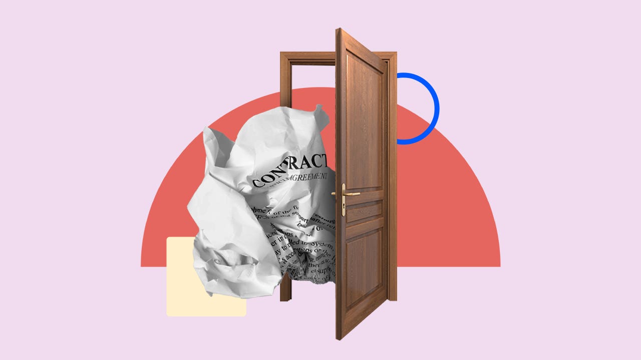 Illustrated collage of a crinkled contract being tossed out of an open door