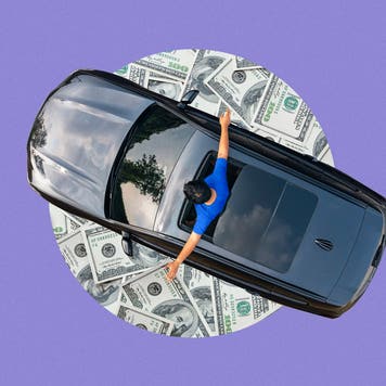 Person in blue shirt sticking out of the sunroof of a grey or black SUV. Centered on a circular image of American dollars on a purple background.