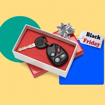 Illustrated collage featuring a set of car keys in a wrapped box