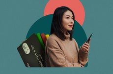 design element including a young women holding a phone in her hand and credit cards behind her