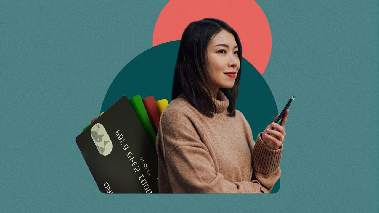 design element including a young women holding a phone in her hand and credit cards behind her