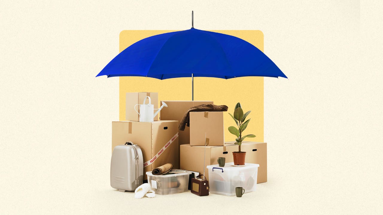 A bunch of boxes and personal possessions with an umbrella over them (blue) symbolizing the theme of this article being about coverage for contents.