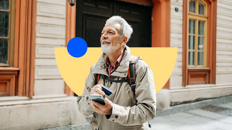 design element including an older man solo backpacking with a phone and card in his hands