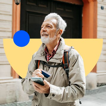 design element including an older man solo backpacking with a phone and card in his hands